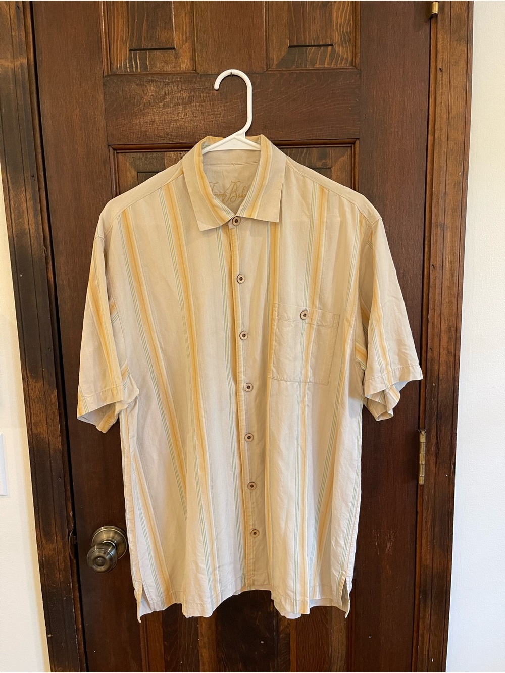 Vintage Tommy Bahama Striped Button Up Shirt Mens Large Cream Yellow Blue